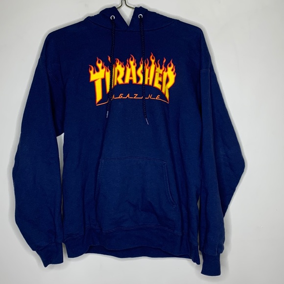 Thrasher |Dark Blue Fire FLAME Thrasher Magazine San Francisco Hoodie Sweatshirt - Picture 1 of 7